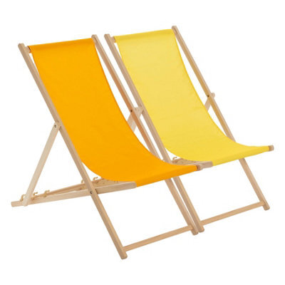 Harbour Housewares Wooden Deck Chairs - 2X Traditional Outdoor Folding Reclining Canvas Sun Lounger Chair Seat - Orange/yellow - image 1