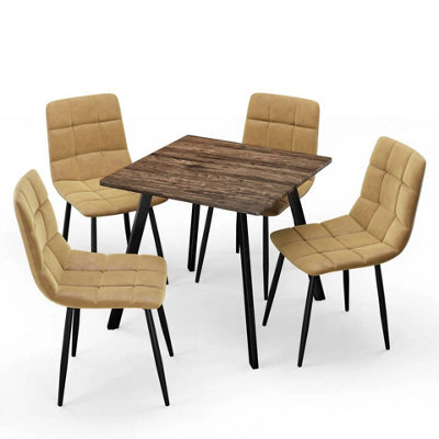 Urbn-Living Urbnliving 80Cm Oak Square Table With 4 Curly Yellow Velvet Chairs  - image 1