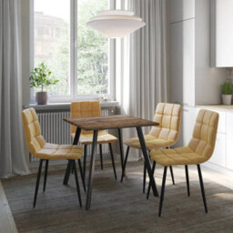 Urbn-Living Urbnliving 80Cm Oak Square Table With 4 Curly Yellow Velvet Chairs  - thumbnail 3