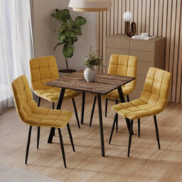 Urbn-Living Urbnliving 80Cm Oak Square Table With 4 Curly Yellow Velvet Chairs  - thumbnail 2