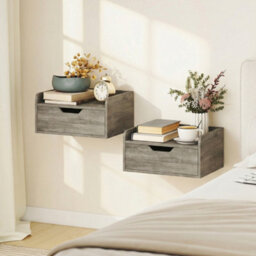Homcom Floating Nightstands Set Of 2, Nightstand With Drawer, Grey - thumbnail 1