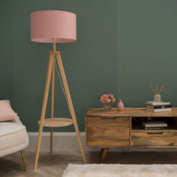 Valuelights Morrigan Natural Wood Shelf Tripod Floor Lamp With Blush Drum Shade And Bulb - thumbnail 5