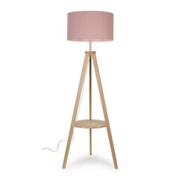 Valuelights Morrigan Natural Wood Shelf Tripod Floor Lamp With Blush Drum Shade And Bulb - thumbnail 1