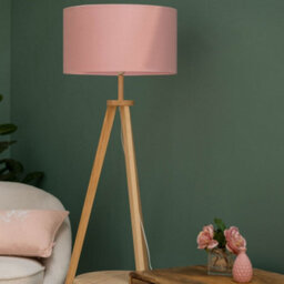 Valuelights Morrigan Natural Wood Shelf Tripod Floor Lamp With Blush Drum Shade And Bulb - thumbnail 3