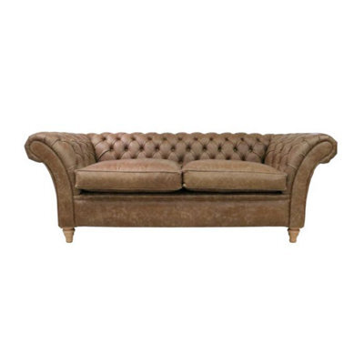 Chesterfield 3 Seater Sofa Settee Cracked Wax Tan Real Leather Balmoral Style - image 1