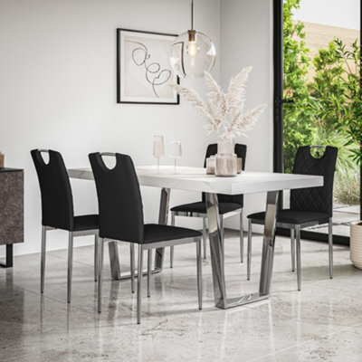 More4Homes Aria Dining Table And Chairs - White Marble Effect Top W Chrome Legs + 6 Monza Faux Leather Dining Chairs W Chrome Legs (Black) - image 1