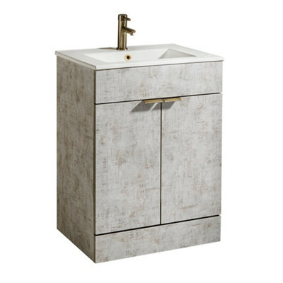 Homestylestore 600mm Concrete Grey Floorstanding Bathroom Vanity Unit And Aged Gold Finger Pull Handle - image 1