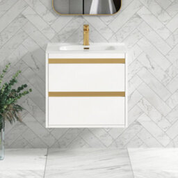 Royal Bathrooms Orion 600mm Matt White 2 Drawer Wall Hung Vanity Unit With Ceramic Basin & Brushed Brass Strip - thumbnail 1