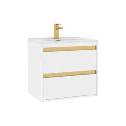 Royal Bathrooms Orion 600mm Matt White 2 Drawer Wall Hung Vanity Unit With Ceramic Basin & Brushed Brass Strip - thumbnail 6