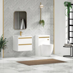 Royal Bathrooms Orion 600mm Matt White 2 Drawer Wall Hung Vanity Unit With Ceramic Basin & Brushed Brass Strip - thumbnail 3