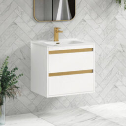 Royal Bathrooms Orion 600mm Matt White 2 Drawer Wall Hung Vanity Unit With Ceramic Basin & Brushed Brass Strip - thumbnail 5
