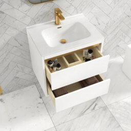 Royal Bathrooms Orion 600mm Matt White 2 Drawer Wall Hung Vanity Unit With Ceramic Basin & Brushed Brass Strip - thumbnail 4