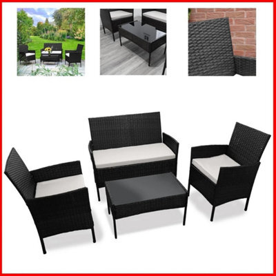 Black 4 Piece Rattan Garden Furniture Set Patio Sofa, Loveseat Glass Coffee Table - image 1