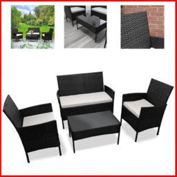 Black 4 Piece Rattan Garden Furniture Set Patio Sofa, Loveseat  Glass Coffee Table - thumbnail 5