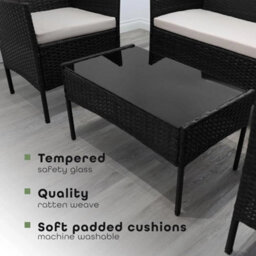 Black 4 Piece Rattan Garden Furniture Set Patio Sofa, Loveseat  Glass Coffee Table - thumbnail 4
