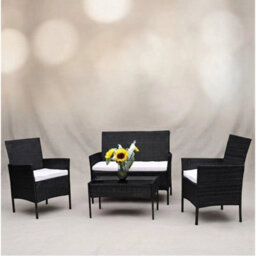 Black 4 Piece Rattan Garden Furniture Set Patio Sofa, Loveseat  Glass Coffee Table - thumbnail 3