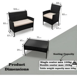 Black 4 Piece Rattan Garden Furniture Set Patio Sofa, Loveseat  Glass Coffee Table - thumbnail 2