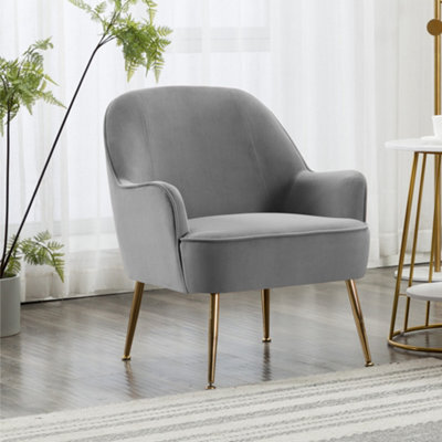 Living And Home Grey Velvet Effect Relaxer Chair Occasional Armchair With Gold Plated Feet - image 1