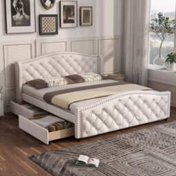 HomeTouch Lux Pu Faux Leather Upholstered Headboard Doubled Bed Frame With 2 Drawers Cream White 4Ft6 135 X 190Cm
