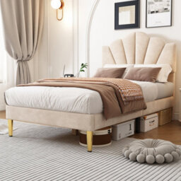 BTM Velvet Upholstered Bed Single Bed 3Ft 90X190 Cm Shell Bed Golden Iron Legs Height-Adjustable Headboard Slatted Frame Beige Old - thumbnail 5