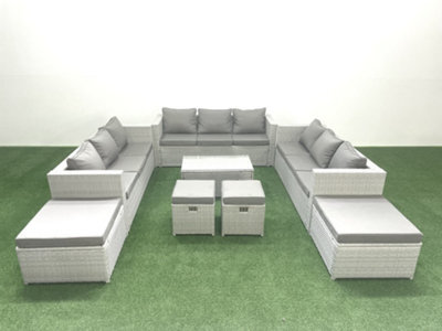 Fimous 8 Pieces Rattan Garden Furniture Set Outdoor Garden Sofa Coffee Table Set 4 Stools Light Grey - image 1