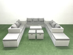 Fimous 8 Pieces Rattan Garden Furniture Set Outdoor Garden Sofa Coffee Table Set 4 Stools Light Grey - thumbnail 2