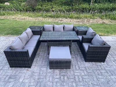 Fimous 9 Seater Outdoor Wicker Garden Furniture Rattan Lounge Sofa Set Patio Rectangular Dining Table With  2 Side Table Stool - image 1