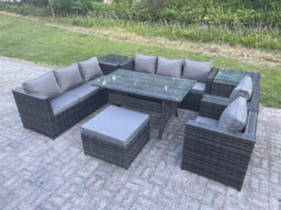 Fimous 9 Seater Outdoor Wicker Garden Furniture Rattan Lounge Sofa Set Patio Rectangular Dining Table With  2 Side Table Stool - thumbnail 2