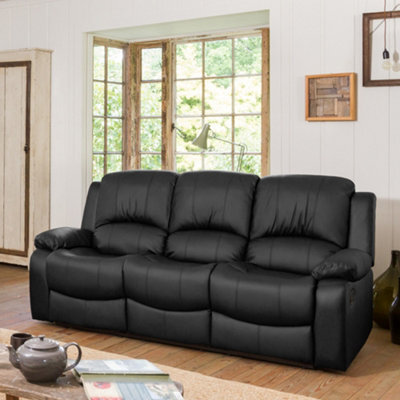 Glendale 201Cm Wide Black Bonded Leather 3 Seat Manually Operated Recliner Sofa
