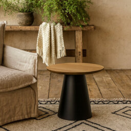 Wyld Haus Hamburg Round Oak Veneer Coffee Table With Black Steel Pillar Base - thumbnail 1