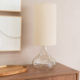 Valuelights Sylvie Natural Linen Tall Lamp Shade Amber Glass Squat Table Lamp With Led Bulb - thumbnail 3