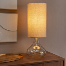 Valuelights Sylvie Natural Linen Tall Lamp Shade Amber Glass Squat Table Lamp With Led Bulb