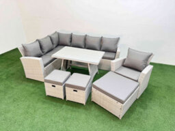 Fimous Garden Outdoor Rattan Furniture Set Rattan Corner Sofa Oblong Dining Table With Armchair 3 Footstools 10 Seater - thumbnail 2