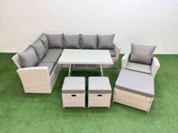 Fimous Garden Outdoor Rattan Furniture Set Rattan Corner Sofa Oblong Dining Table With Armchair 3 Footstools 10 Seater - thumbnail 1