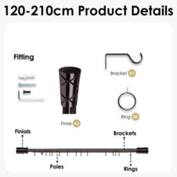 Oxford Homeware Satin Black Nickel Effect Extendable Curtain Pole With Metal Cylinder Finials, (L)1200mm-2100mm (Dia)28mm - thumbnail 4