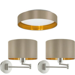 Elegant Low Ceiling Light With Matching Wall Sconces In Taupe And Gold