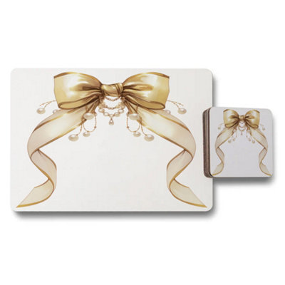 Benjamin Tate Design Gold Ribbon Placemat And Coaster Set, Luxury Bow Collection, Wood Base, Limited Edition - image 1