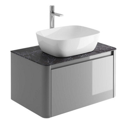 Plum&clay Mayfair Gloss Light Grey Wall Hung Bathroom Vanity Unit With Black Slate Countertop (W)750mm (H)406mm - image 1