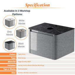 Plum&clay Mayfair Gloss Light Grey Wall Hung Bathroom Vanity Unit With Black Slate Countertop (W)750mm (H)406mm - thumbnail 5