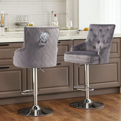 Fativo 1Pcs Luxury Velvet Bar Stool Swivel Lion Knocker & Cross Stitch High Back Grey Height Adjustable106-127 Cm H - image 1