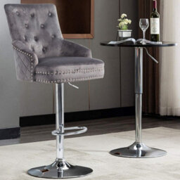 Fativo 1Pcs Luxury Velvet Bar Stool Swivel Lion Knocker & Cross Stitch High Back Grey Height Adjustable106-127 Cm H - thumbnail 9
