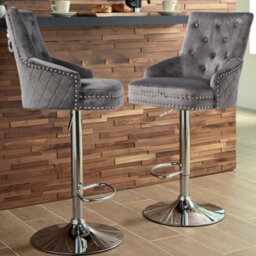 Fativo 1Pcs Luxury Velvet Bar Stool Swivel Lion Knocker & Cross Stitch High Back Grey Height Adjustable106-127 Cm H - thumbnail 8
