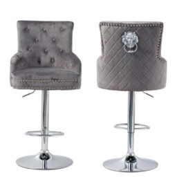 Fativo 1Pcs Luxury Velvet Bar Stool Swivel Lion Knocker & Cross Stitch High Back Grey Height Adjustable106-127 Cm H - thumbnail 2