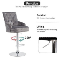 Fativo 1Pcs Luxury Velvet Bar Stool Swivel Lion Knocker & Cross Stitch High Back Grey Height Adjustable106-127 Cm H - thumbnail 5