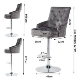 Fativo 1Pcs Luxury Velvet Bar Stool Swivel Lion Knocker & Cross Stitch High Back Grey Height Adjustable106-127 Cm H - thumbnail 3