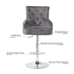Fativo 1Pcs Luxury Velvet Bar Stool Swivel Lion Knocker & Cross Stitch High Back Grey Height Adjustable106-127 Cm H - thumbnail 6