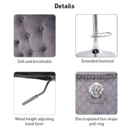 Fativo 1Pcs Luxury Velvet Bar Stool Swivel Lion Knocker & Cross Stitch High Back Grey Height Adjustable106-127 Cm H - thumbnail 4