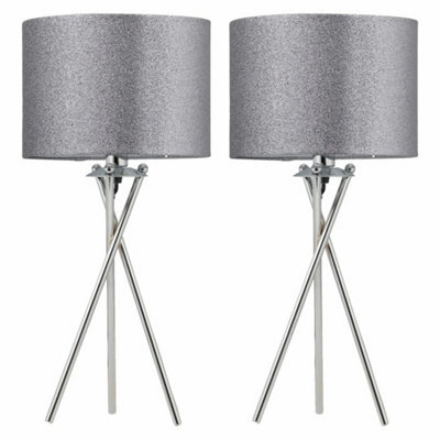 Set Of 2 Chrome Tripod 52Cm Table Lamp Bedside Lights Silvery Grey Glitter Shade - image 1