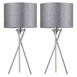 Set Of 2 Chrome Tripod 52Cm Table Lamp Bedside Lights Silvery Grey Glitter Shade - thumbnail 1