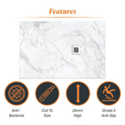 Plum&clay Pia Rectangle White Marble Effect Shower Tray (L)1700mm (W)700mm (H)25mm - thumbnail 7